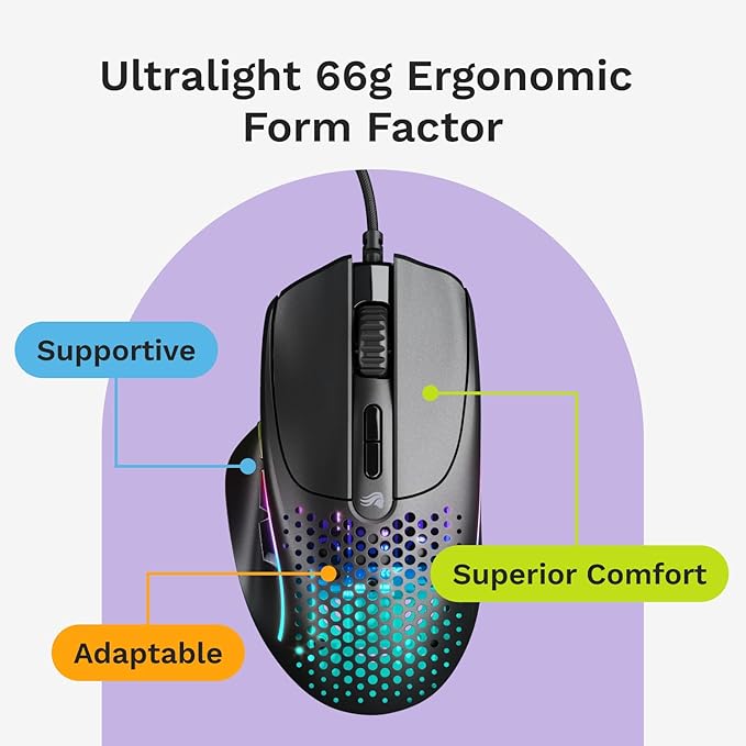 GLORIOUS Gaming Model I 2 Wired Gaming Mouse: 9 Programmable Buttons (2 Swappable) 66g Superlight 26k Optical Sensor 80M Click Rated Switches MMO/MOBA/FPS Side Thumb Rest (Black)