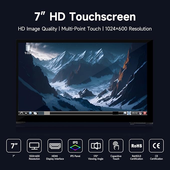 Generic LUCKFOX Touchscreen7 inch HDMI 1024x600 Portable Monitor Compatible with Raspberry Pi 5/4/4B/3/3B/Zero 2 W/All Pi VersionPlug &amp Play LCD IPS Display with Stand Black