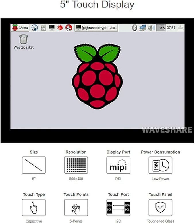 waveshare Compatible with Raspberry Pi Touchscreen 5inch DSI LCD Touch Screen 800×480 Resolution TFT LCD Display Monitor for Raspberry Pi Model 4B/3B+/3A+/3B/2B/B+/A+CM3/3+