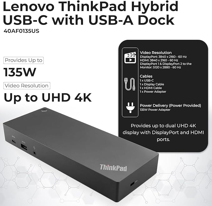 40AF0135US Docking Station Dual Monitor Hybrid USB-C with USB-A - 1 Year Warranty Thinkpad Dock w/ 135W Adapter HDMI DisplayPort USB-C Cable Cloth - Laptop Docking Station (Renewed)