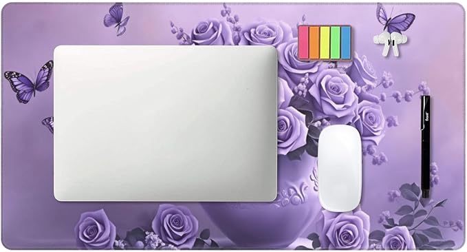 Purple Rose Butterfly Desk Cover MatExtended Large Mouse PadComputer Laptop Mat Desk Decor for Office Game Home 30x16 Inch