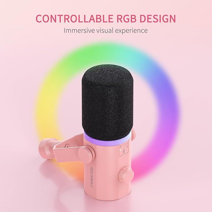 FEELWORLD PM1 XLR USB Dynamic Microphone with Desktop Stand Gifts for Podcast Recording PC Computer Gaming Streaming Vocal Voice-Over Studio Metal Mic RGB Light Mute Button Headphones Jack (Pink)