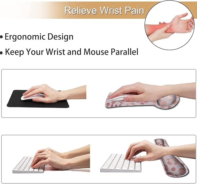 Ergonomic Mouse Pad Wrist Support and Memory Foam Keyboard Wrist Rest SetGel Mouse Mat with Non-Slip PU BaseKeyboard Palm Rest for Home Office Wireless Gaming Desk Pad Rose Gold Leopard Pink