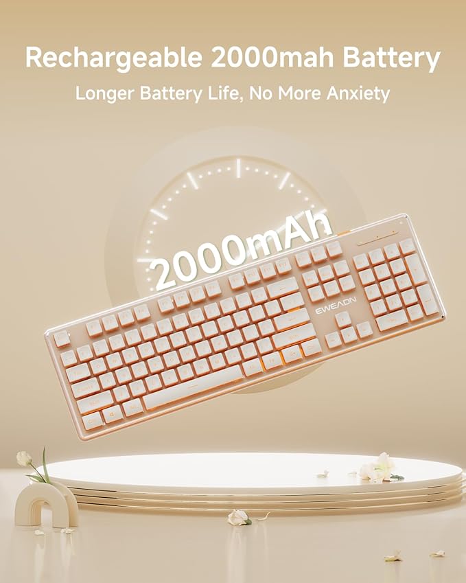 EWEADN V3 Wireless Keyboard and Mouse with Single Backlit Metal Panel Bluetooth/2.4G Rechargeable Computer Keyboard and Mouse Combo Silent Lighted Full Size Cute Keyboards-Rose Gold