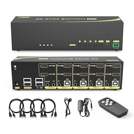 eKL HDMI KVM Switch 4 in 2 Out Dual Monitor Extended Display 4K@60Hz 4:4:4 with Audio and USB 2.0 Hub Sharing PC Monitor Keyboard Mouse Switcher