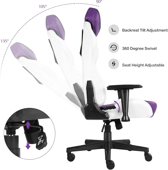 Modern-Depo Ergonomic Gaming Chairs for Adults with High-Density Memory Foam | Swivel Comfortable Office Chair Big and Tall Video Game Chair High Back Computer Chair for Home Office Purple White