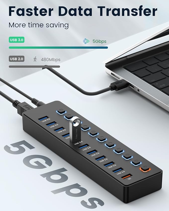 USB hubPowered USB hub 11-Port hub Splitter10 USB 3.0 Data Transfer Port + 1 Smart Charging PortIndependent Switch (with LED Working Indicator) USB 3.0 Hub Powered with Power Adapter for Mac/PC