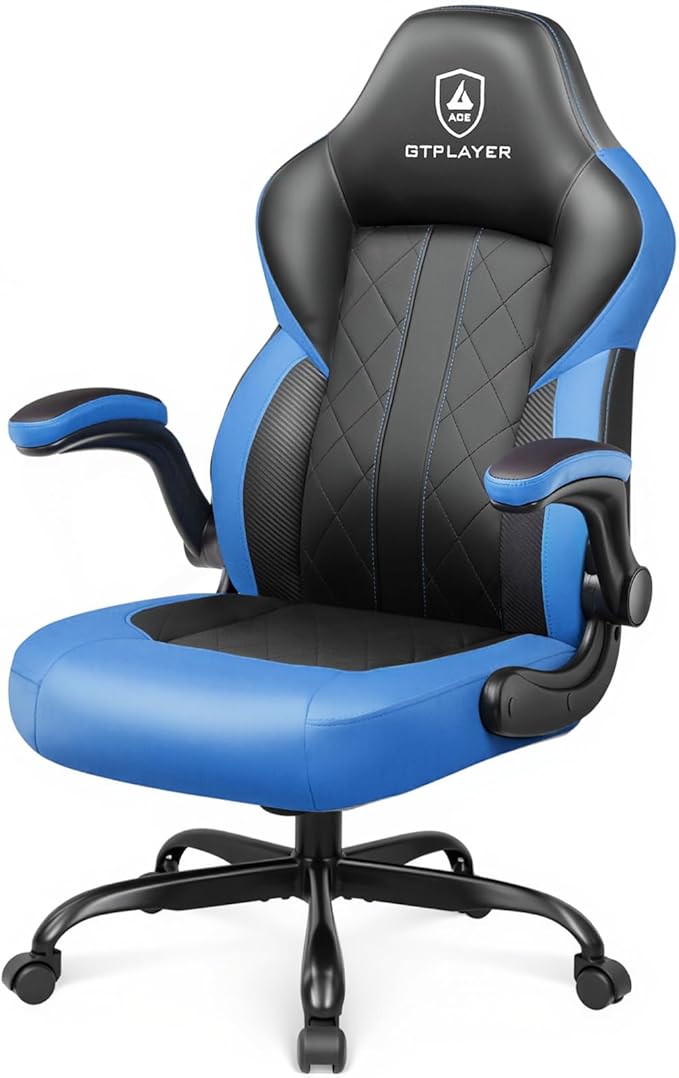 GTPLAYER Video Gaming Chair Ergonomic Computer Gaming Chair with Flip-Up Armrests and Adjustable Height Comfortable Desk Chairs with Built-in Lumbar Support Recliner with 360°Swivel (Blue)