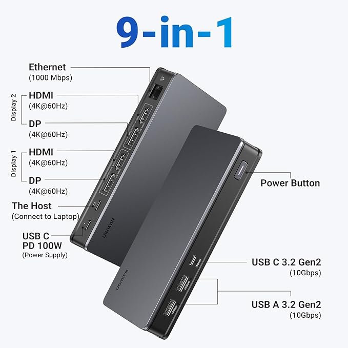 UGREEN USB C Docking Station DisplayLink 9-in-1Revodok Pro 209Dual 4K@60hz Monitor Dock for MacBook &amp Windows with 2 DP &amp 2 HDMI 10 Gbps USB C &amp USB-A Data Ports 100W PD Gigabit Ethe
