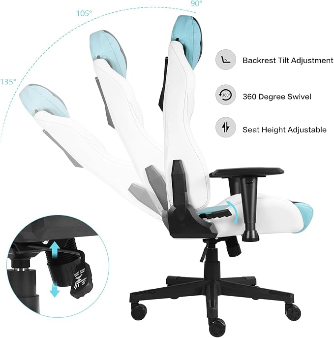Modern-Depo Ergonomic Gaming Chairs for Adults with High-Density Memory Foam | Swivel Comfortable Office Chair Big and Tall Video Game Chair High Back Computer Chair for Home Office Cyan White