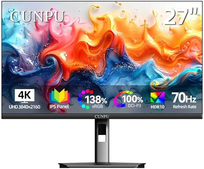 27 Inch 4K 70Hz Monitor UHD (3840 * 2160) IPS Ultra-Slim Bezel Monitor for Photo Video Editing ΔE &lt 2 100% DCI-P3 1.07B+ Colors PIP-PBP Adaptive Sync DP/HDMI Black