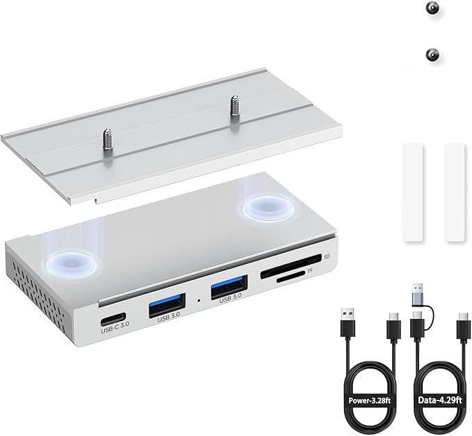 EJAY 5-in-1 Magnetic USB 3.0 Hub with SD/TF Card Reader 2 USB-A + 1 USB-C Ports Includes Sliding Rail Screws &amp Sticky Pads for MacBook Laptop PC Silver