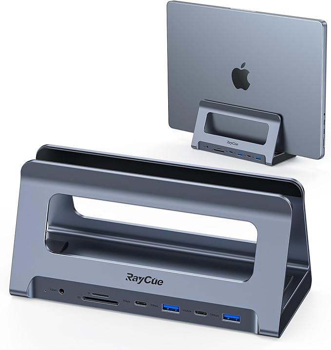 RayCue USB-C Docking Station for MacBook Pro/Air Dual HDMI USB-C Dock with 10Gbps PD3.0 RJ45 2xUSB 3.0 2xUSB 2.0 SD/TF Audio
