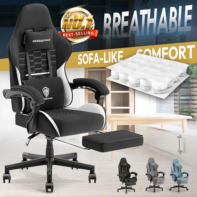Dowinx 5TE8 Gaming Chair Fabric with Pocket Spring Cushion Massage Game Chair Cloth with Headrest Ergonomic Computer Chair with Footrest 290LBS