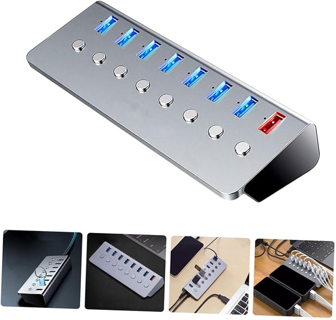 HOMSFOU 7-Port USB Hub Splitter 3.0 Independent Control USB Extender for Laptops and PCs Portable for Charging and Data Transfer