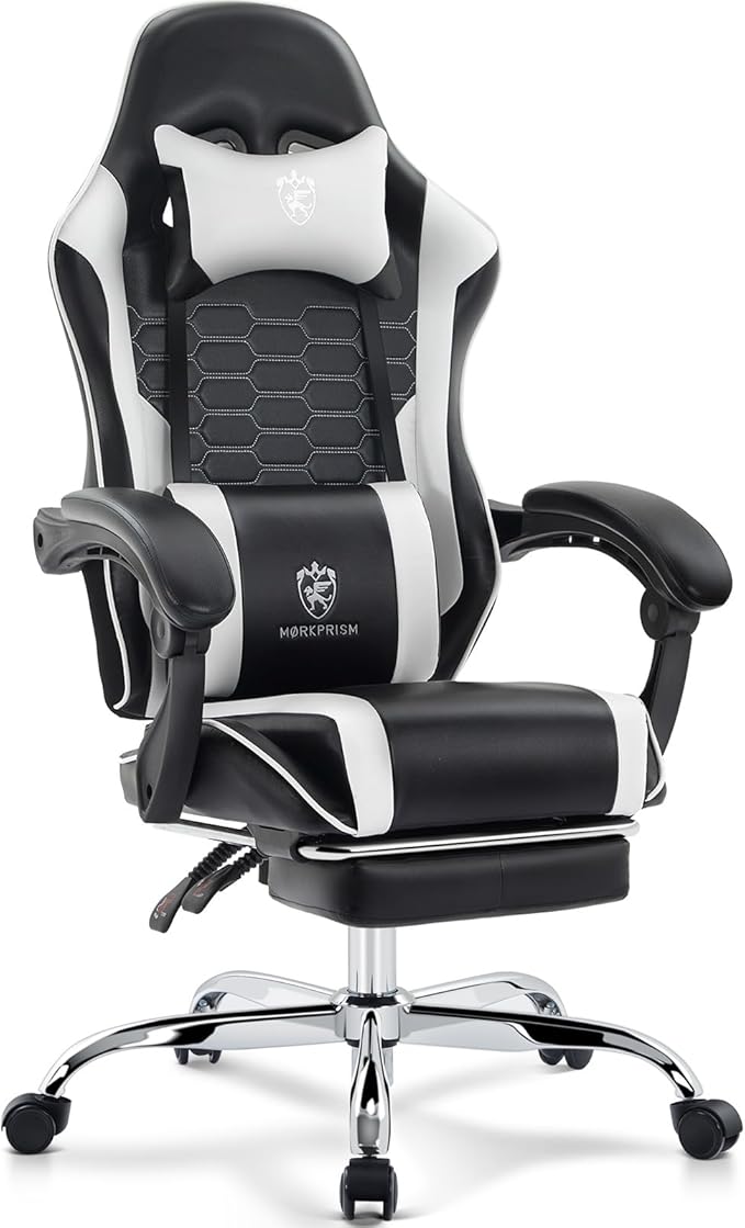 Gaming ChairComputer Office Chair with FootrestMassage Lumbar Support and Gel PadErgonomic Reclining Adjustable Leather Gamer Chair with Headrest and Spring Cushion Black White
