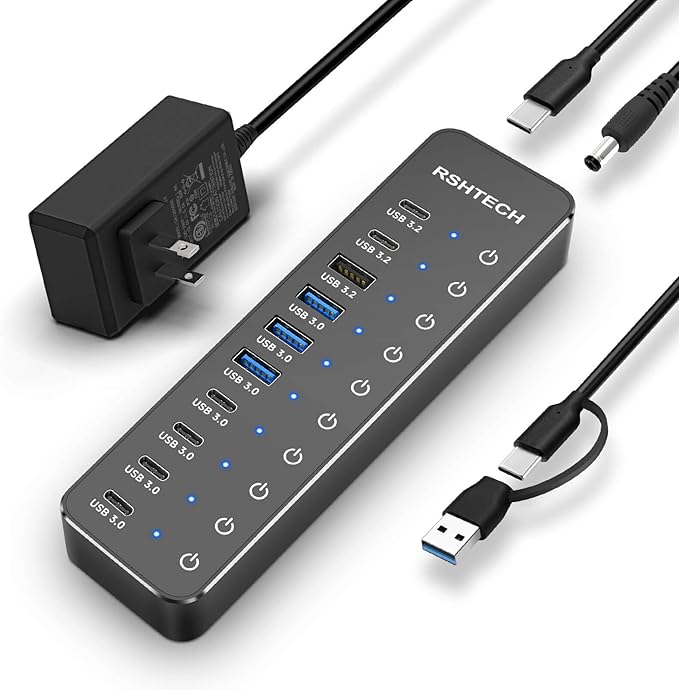 RSHTECH 10 Ports Powered USB 3.2/USB C Hub Splitter 60W with 3 x 10Gbps USB 3.2 Ports (2C + 1A)7 x USB 3.0 Ports (4C + 3A) 3.3ft Cable and Individual Touch Switches for Laptop PC