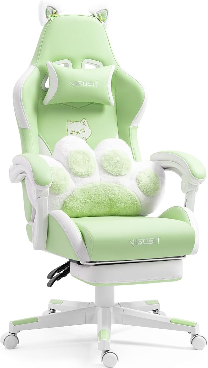 Cute Gaming Chair for Girl Ergonomic Cat Computer Chair with Armrests High Back Video Game Chairs with Footrest and Massage Lumbar Support for Teen &amp Woman Adjustable Height (Green)