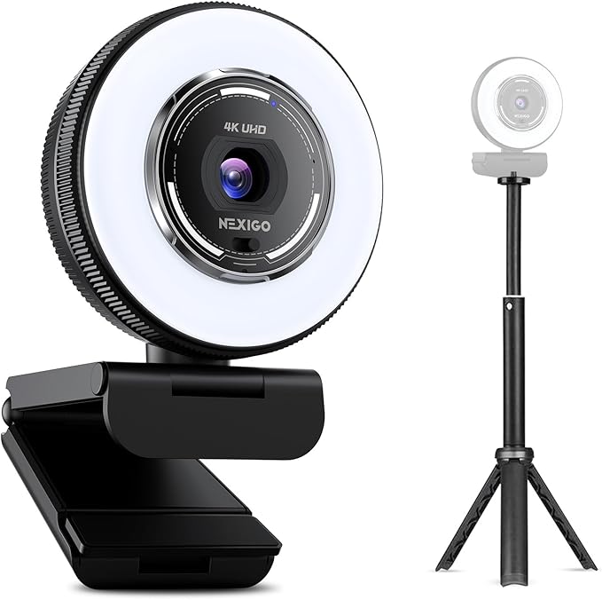 NexiGo 4K Streaming Webcam Kit N680E Pro UHD Webcam w/Ring Light PDAF Autofocus 1080p 60FPS Dual Noise-Canceling Mics Privacy Shutter Lightweight Mini Tripod for Zoom/Teams/Twitch/Google Meet