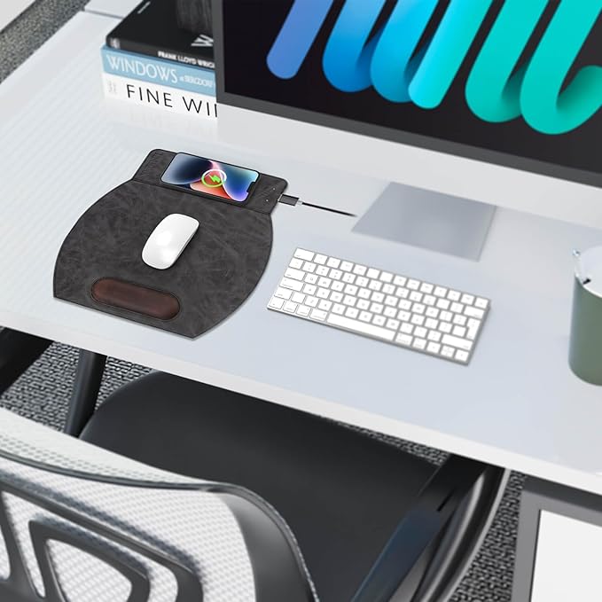Magnetic Wireless Charging Mouse Pad with Ergonomic Design Mousepad with Wrist Support Foldable Mousepad with Wrist Rest for Computer Laptop Office &amp Home 14 x 12.1 in Grey