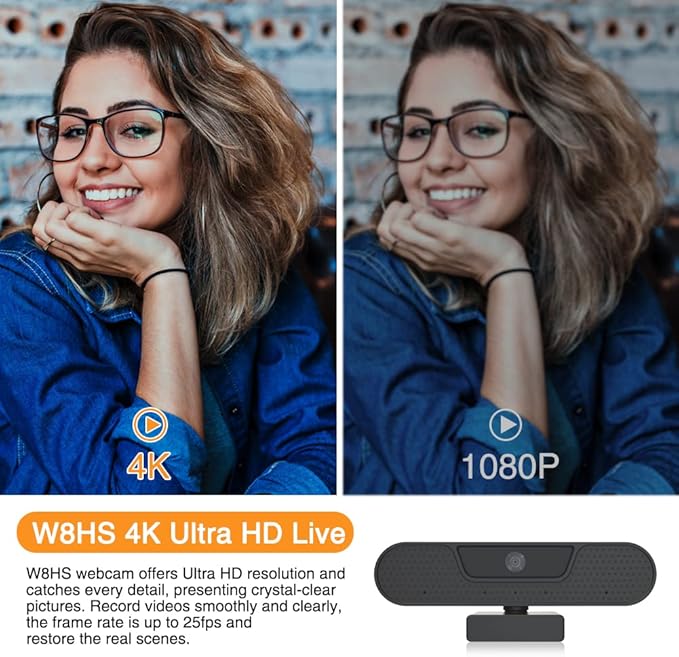4K Webcam 8MP Ultra HD Live Video Conference Camera with Built-in 4 Microphones 360 Degree Swivel Computer Web Camera with Privacy Shutter and Tripod USB Webcam for PC Mac Laptop Computer