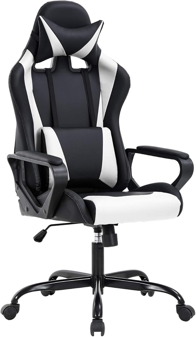 BestOffice High-Back Gaming Chair PC Office Chair Computer Racing Chair PU Desk Task Chair Ergonomic Executive Swivel Rolling Chair with Lumbar Support for Back Pain Women MenWhite
