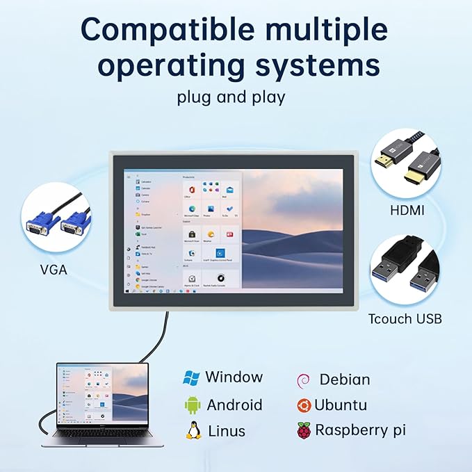 15.6-Inch Industrial Touch Screen Monitor Ratio 16:9 Embedded PCAP Touchscreen Monitors | 10-Point Touch | No Drive Plug and Play | IP65 Front | HD-MI VGA USB Port