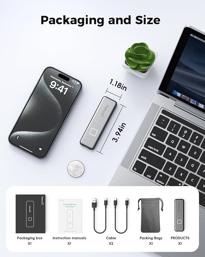 NEWQ 1TB Touch Portable SSD for USB C Device (with No-Cost APP) Backup Encryption Fingerprint External SSD for iPhone 17/16/15 Android Mac/Win Laptop (Not for iPhones/iPad with Lightning Port)