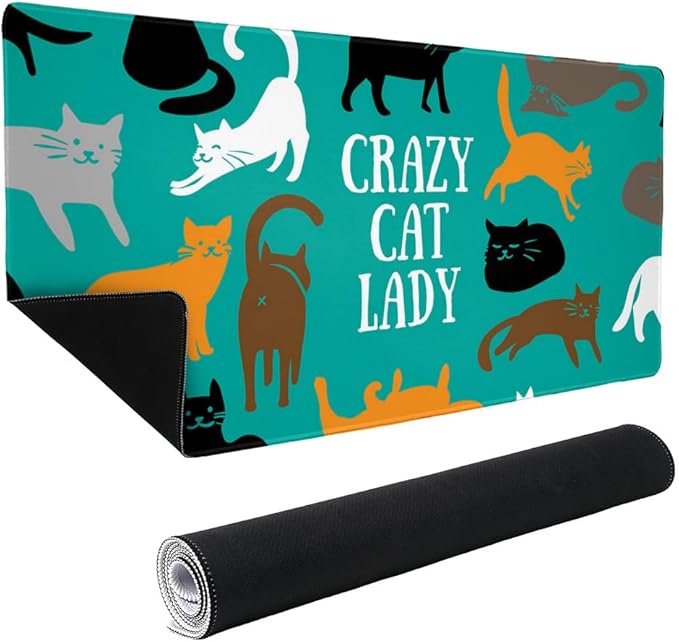 Crazy Cat Lady Teal Orange Black Brown Large Gaming Mouse Pad Desk Mat with Stitched Edges Non-Slip Base