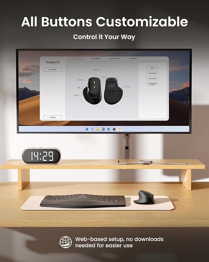 ProtoArc Ergonomic Bluetooth Mouse EM25 USB Wireless Mouse Fast Scrolling &amp Thumb Scroll Wheel Buttons Customizations 8000 DPI Quiet Rechargeable Compatible with Windows/Mac/Android Black