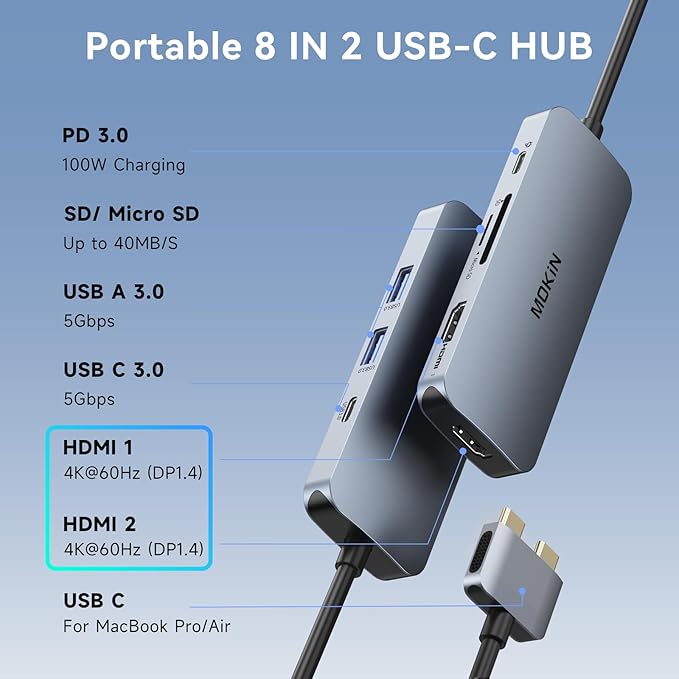 Docking Station for MacBook Pro AirUSB C Docking Station Dual MonitorDual HDMI Adapter Hub for Mac MacBook Pro with 2 HDMI(4K @60Hz) 3 USB3.0SD TF Card Reader and 100W PD USB C Port