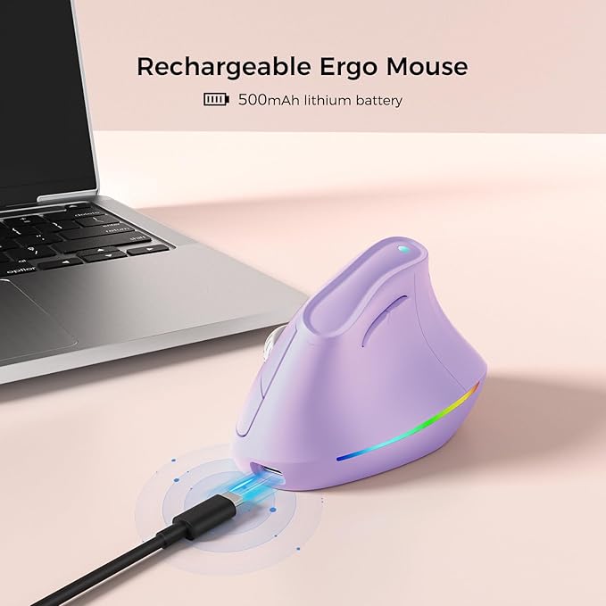 KYSONA 57° Wireless Ergonomic Mouse Vertical Mouse Carpal Tunnel Mouse RGB Light Rechargeable Bluetooth &amp 2.4G 5-level DPI Adjustment Quiet Click Ergo Mice Compatible with PC/Laptop/Mac Pu