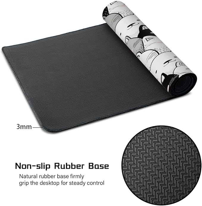 Large Black White Cat Mouse Mat Computer Mousepad with Non-Slip Rubber Base Waterproof Mouse Pad Desktop Keyboard Pad for GamerHome School Laptop Office Accessories16x35.5in