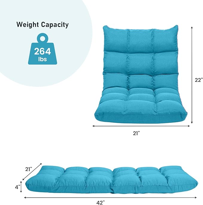 MAT EXPERT 14-Position Floor Chair Floor Gaming Chair w/Resilience Sponge Alloy Steel Frame Padded Bed Couch Recliner Floor Chair with Back Support for Reading Meditating (Peacock Blue)