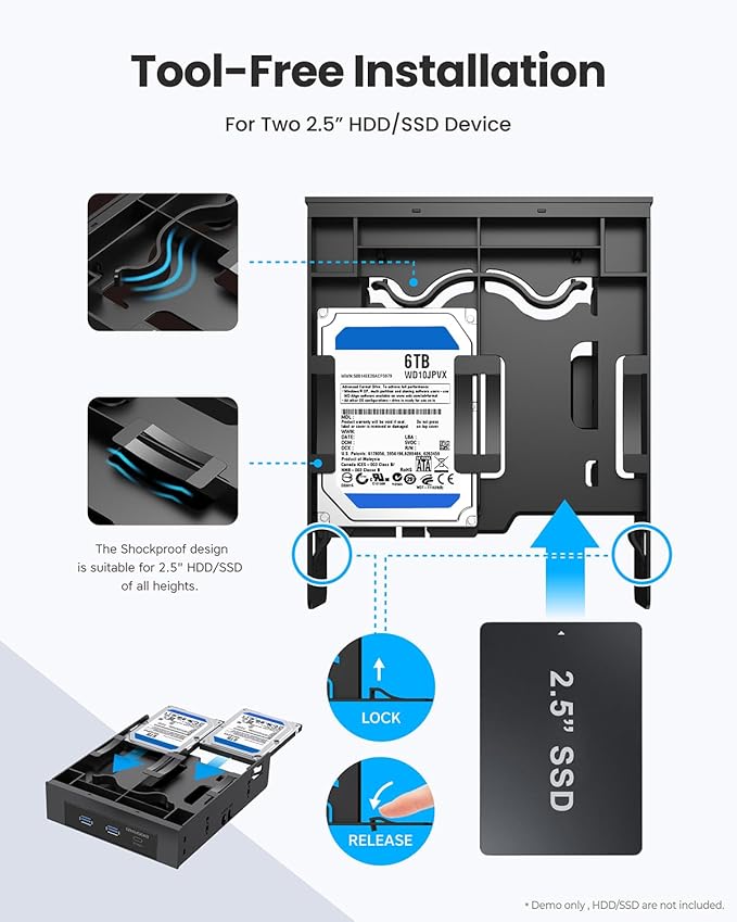 GRAUGEAR 5.25 Inch Internal USB Hub Front Panel – USB‑C 20Gbps + 2X USB‑A 5Gbps Dual 2.5″ SSD/HDD Bays Fits 5.25″ Bay USB 3.2 A-Key 20-Pin &amp USB3.0 19‑Pin Headers PC Case Desktop Expansion