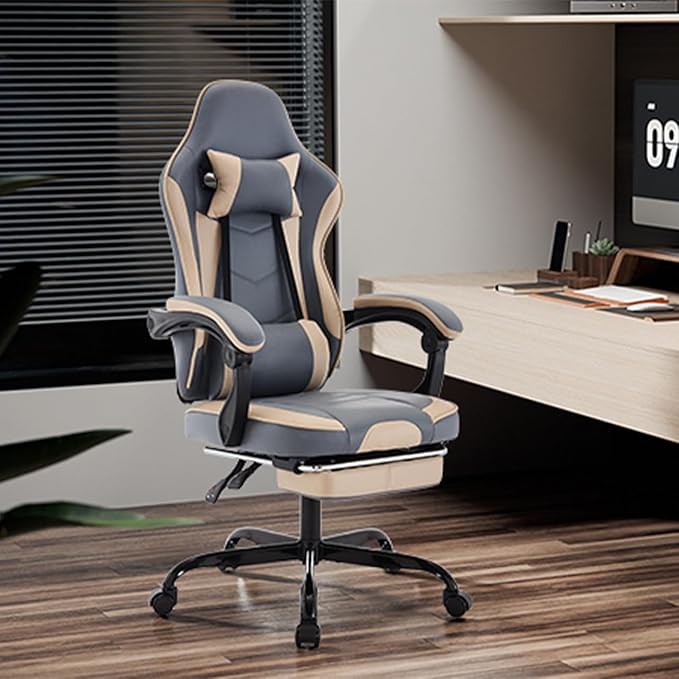 Office Gaming Chairs for Adults Comfortable Computer Gaming Chair with Footrest &amp Headrest and Lumbar Support PU Leather High Back Video Game Chairs (Beige+Blue)