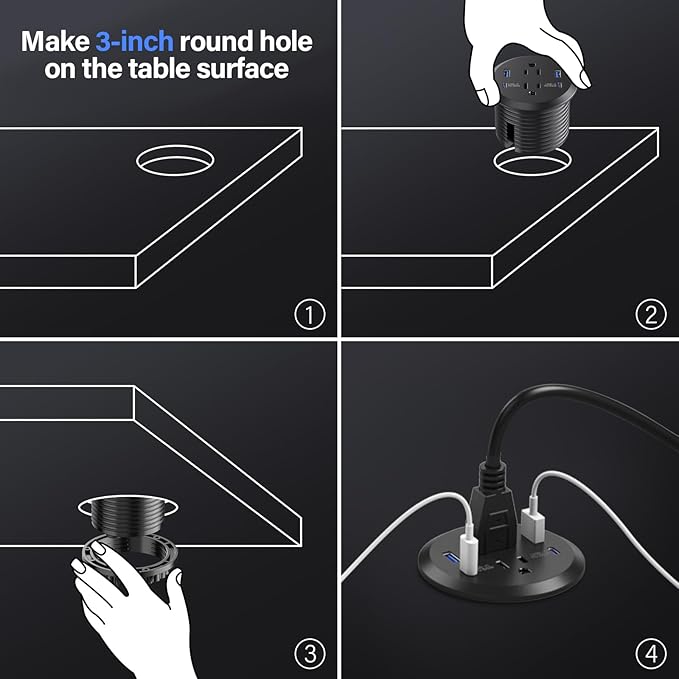 3 inch Desktop Power Grommet USB C65W Fast Charging StationFurniture Recessed Power Strip2 Outlets4 USB PortsFlush-Mount for Desktop Workspace Essential Desk Outlet2 Pack (Black)