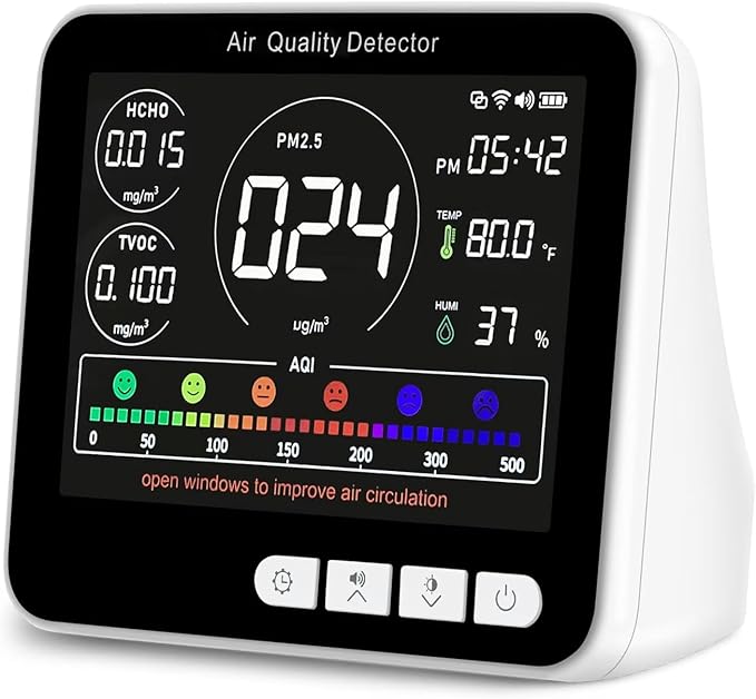 14 in 1 Air Quality Monitor Indoor with Beep Alarm 6 AQI Air Quality Detector with PM1.0|PM2.5|PM10|HCHO|TVOC|AQI|Temperature|Humidity|Time for Home Hotel Office Car Battery Powered Air Monitor