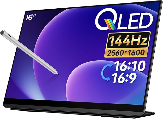 EHOMEWEI Q8g 16 2K 144Hz QLED Portable Touchscreen Monitor - 2560x1600 400 Nits HDR 100% DCI-P3 Laptop Screen Extender with 4096-Level Stylus FreeSync Gaming Display for MacBook PC PS5 Switch