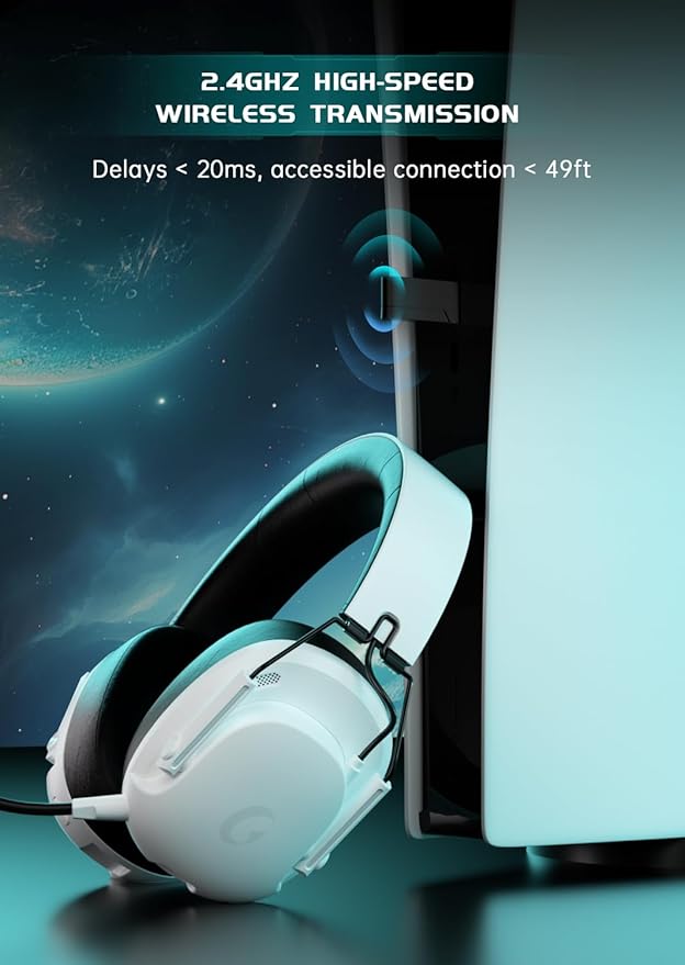 Wireless Gaming Headset for PS5 PC PS4 Switch Gaming Headset with Detachable Noise Cancelling Mic 2.4GHz &amp Bluetooth 5.3 Dual Connection 7.1 Surround Sound White