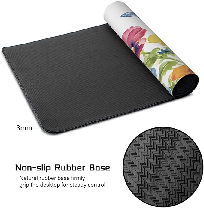 Large Colorful Flower Watercolor Mouse Mat Computer Mousepad with Non-Slip Rubber Base Waterproof Mouse Pad Desktop Keyboard Pad for GamerHome School Laptop Office Accessories16x35.5in