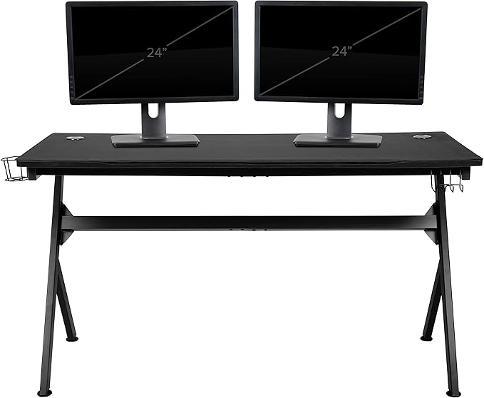 BizChair Gaming Desk and Red Footrest Reclining Gaming Chair Set - Cup Holder/Headphone Hook/Removable Mouse Pad Top/Wire Management