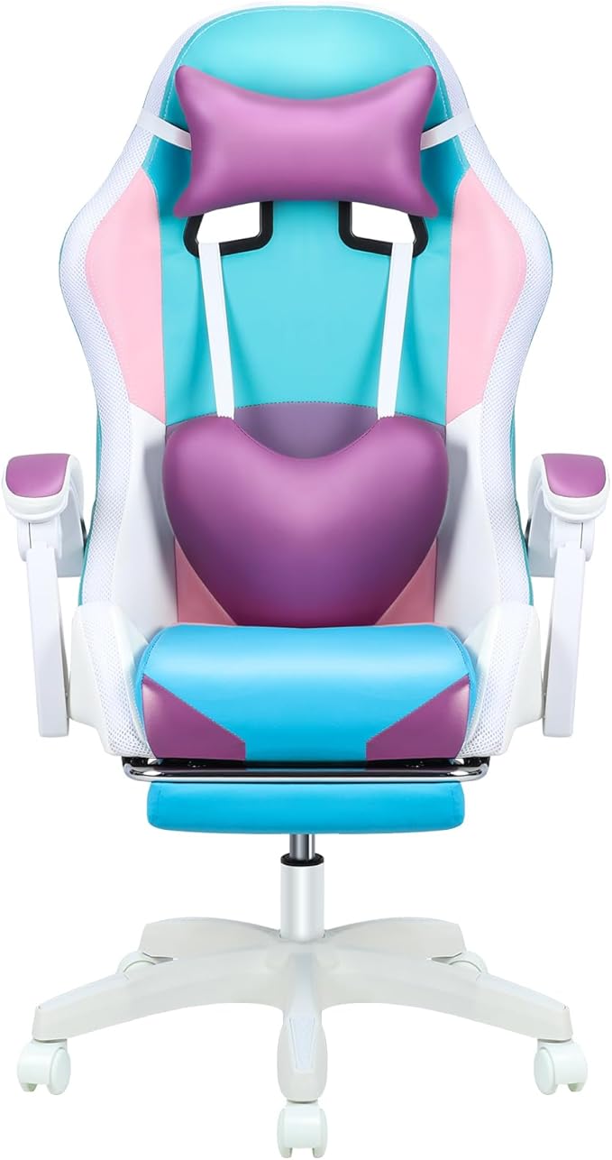 RGB LED Gaming Chair Ergonomic Reclining Computer Chair with Massage and Footrest Girl-Friendly Design for Adults Ultimate Video Game Chair Purple