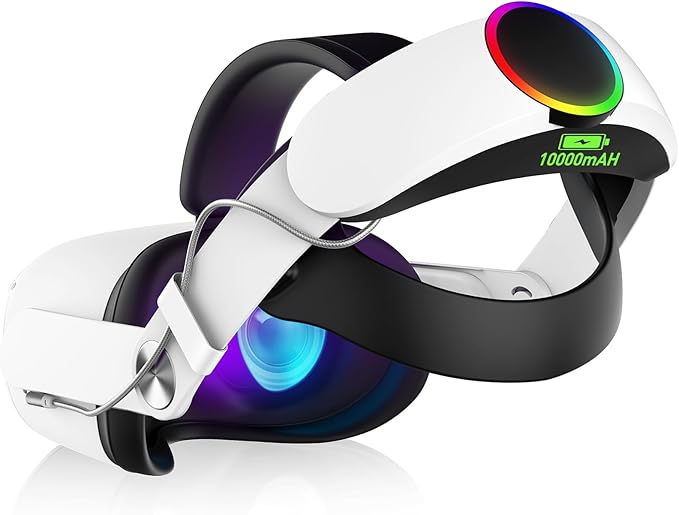 RGB Head Strap for Oculus/Meta Quest 2 Head Strap with Battery 10000mAh Pack for Extended 8 Hrs of Playtime Fast Charging VR Power Adjustable Elite Strap Enhanced Support and Balance in VR