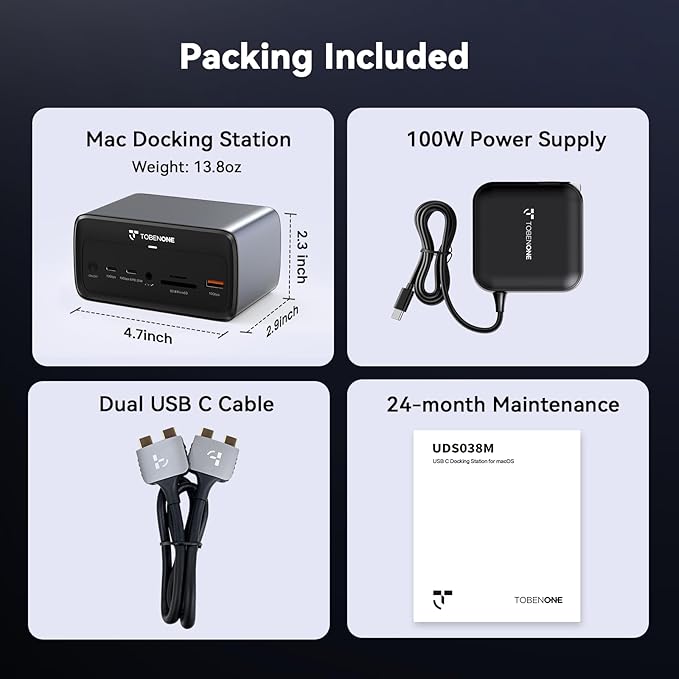 TobenONE MacBook Docking Station Dual 4K@60Hz 16-in-2 USB C Docking Station with 2 HDMI Ports 7 USB Ports 100W GaN Power Supply &amp 20W Charging 2.5Gbps Ethernet for Home &amp Office