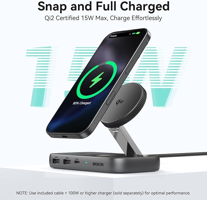 MOKiN USB C Hub 15W Wireless Charger Qi2 Certified Magsafe Charging Stand with 4K@60Hz HDMI 100W PD 10Gbps USB C/A and 5W Charging Pad Laptop Docking Station for MacBook/Windows