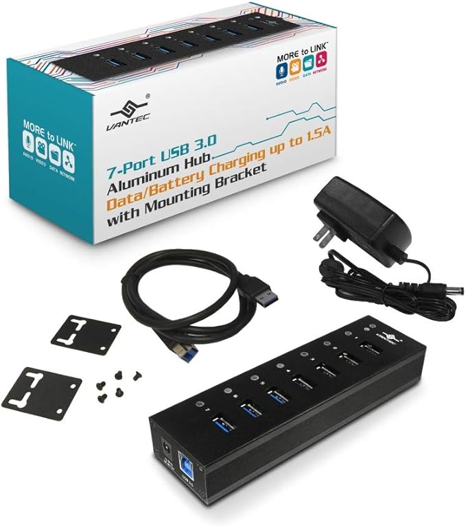 Vantec 7-Port USB 3.0 Hub Aluminum Full Powered Mountable with All Ports Data &amp Charging Up to 1.5A BC 1.2 Premium 12V/3A 36W Power Adapter (UGT-AH710U3-BK)