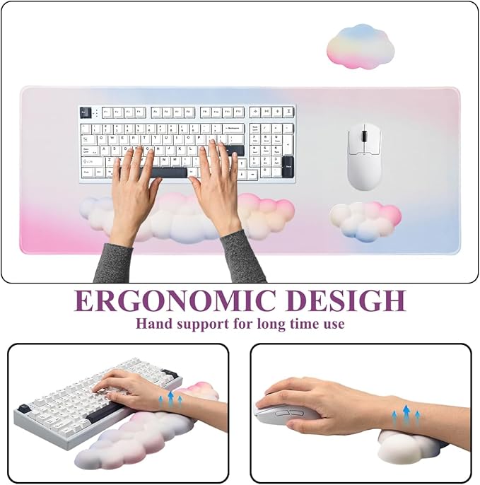Gaming Desk Mat with Keyboard Wrist Rest Set 4 in 1 Large Mouse Pad &amp Cloud Keyboard Wrist Rest&amp Mouse Wrist Rest&ampCoaster Comfort and Support for Typing and Gaming