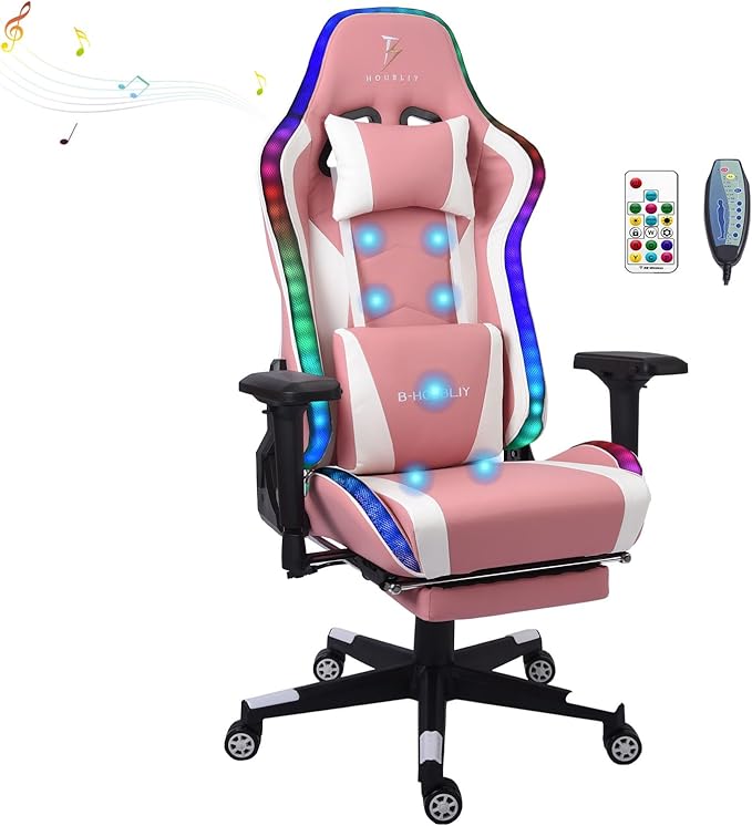 TBQATNTS 7-Point Massage Gaming Chair Video Gaming Chair with Speakers and LED/RGB Lights Ergonomic Computer Chair with Footrest and Lumbar Support 180 Degree Tilt High Back Office ChairPink