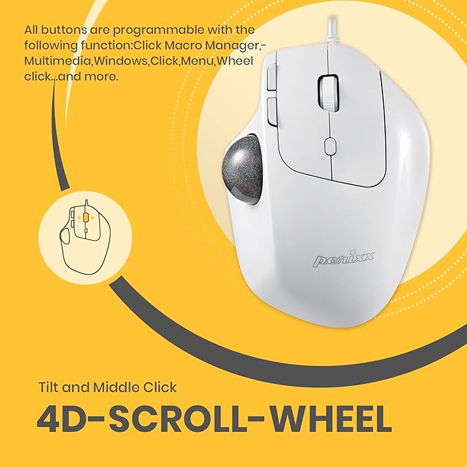 Perixx PERIMICE-520W Wired USB Ergonomic Trackball Mouse - 2 Adjustable Angle Support - 8 Button Tilt Wheel Design - White (11766)